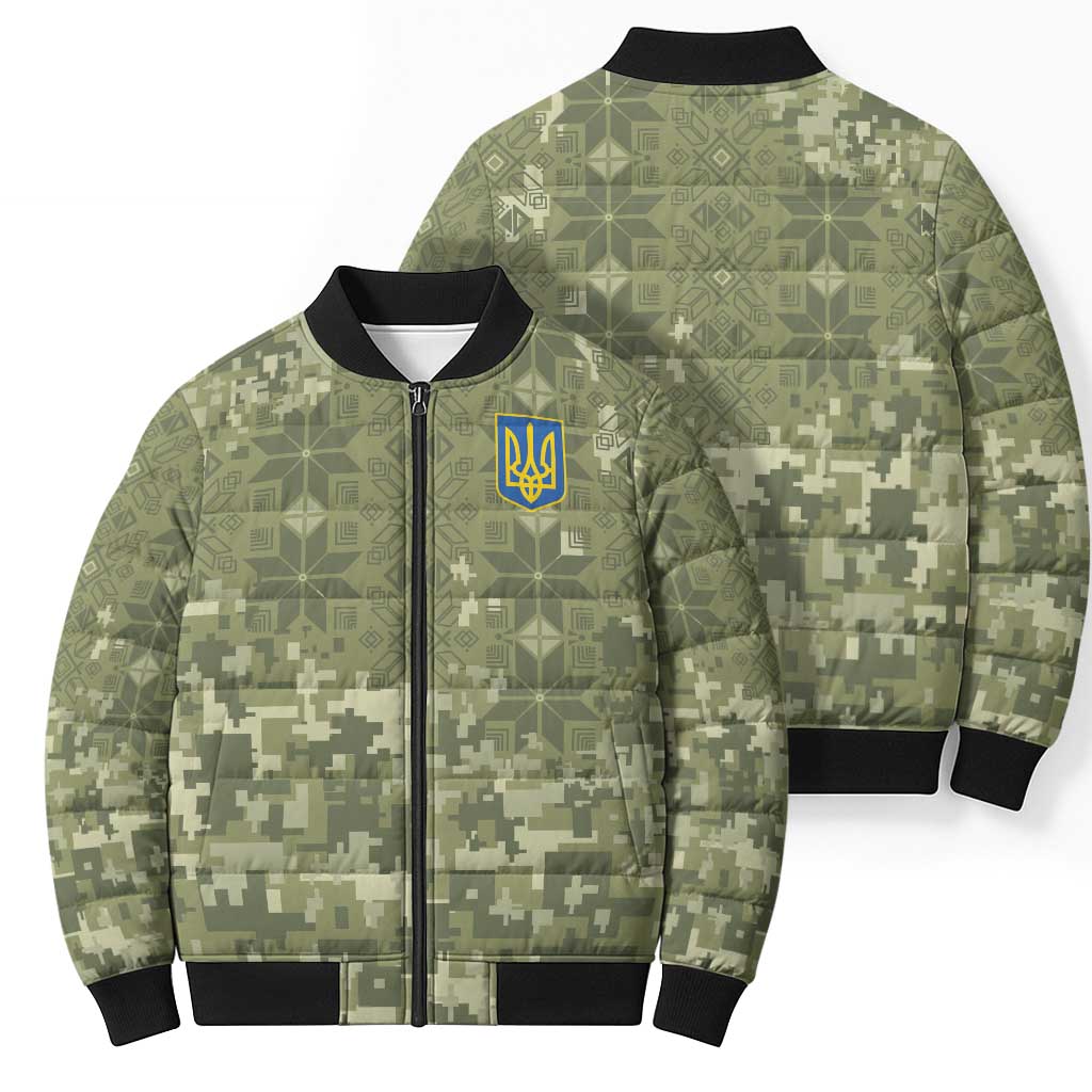 Ukraine Military Vyshyvanka Pattern Bomber Puffer Jacket Tryzub Emblem Tactical Style - Wonder Print Shop
