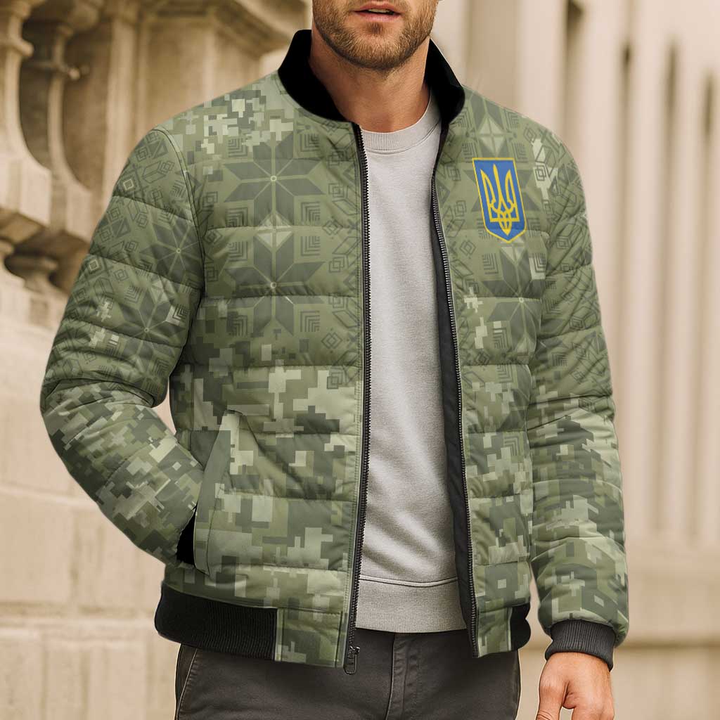 Ukraine Military Vyshyvanka Pattern Bomber Puffer Jacket Tryzub Emblem Tactical Style - Wonder Print Shop