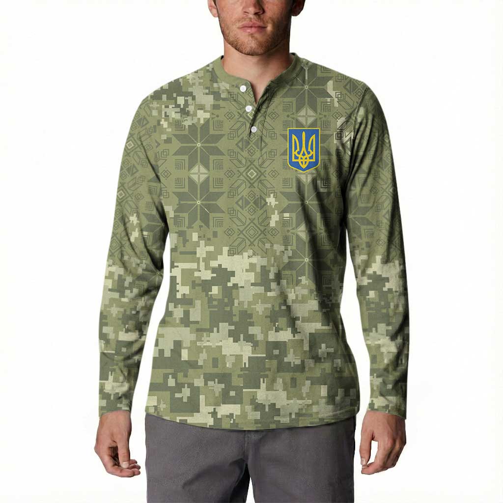 Ukraine Military Vyshyvanka Pattern Button Sweatshirt Tryzub Emblem Tactical Style - Wonder Print Shop