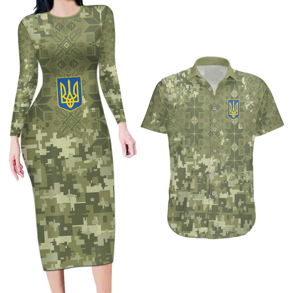 Ukraine Military Vyshyvanka Pattern Couples Matching Long Sleeve Bodycon Dress and Hawaiian Shirt Tryzub Emblem Tactical Style - Wonder Print Shop
