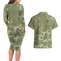 Ukraine Military Vyshyvanka Pattern Couples Matching Long Sleeve Bodycon Dress and Hawaiian Shirt Tryzub Emblem Tactical Style - Wonder Print Shop