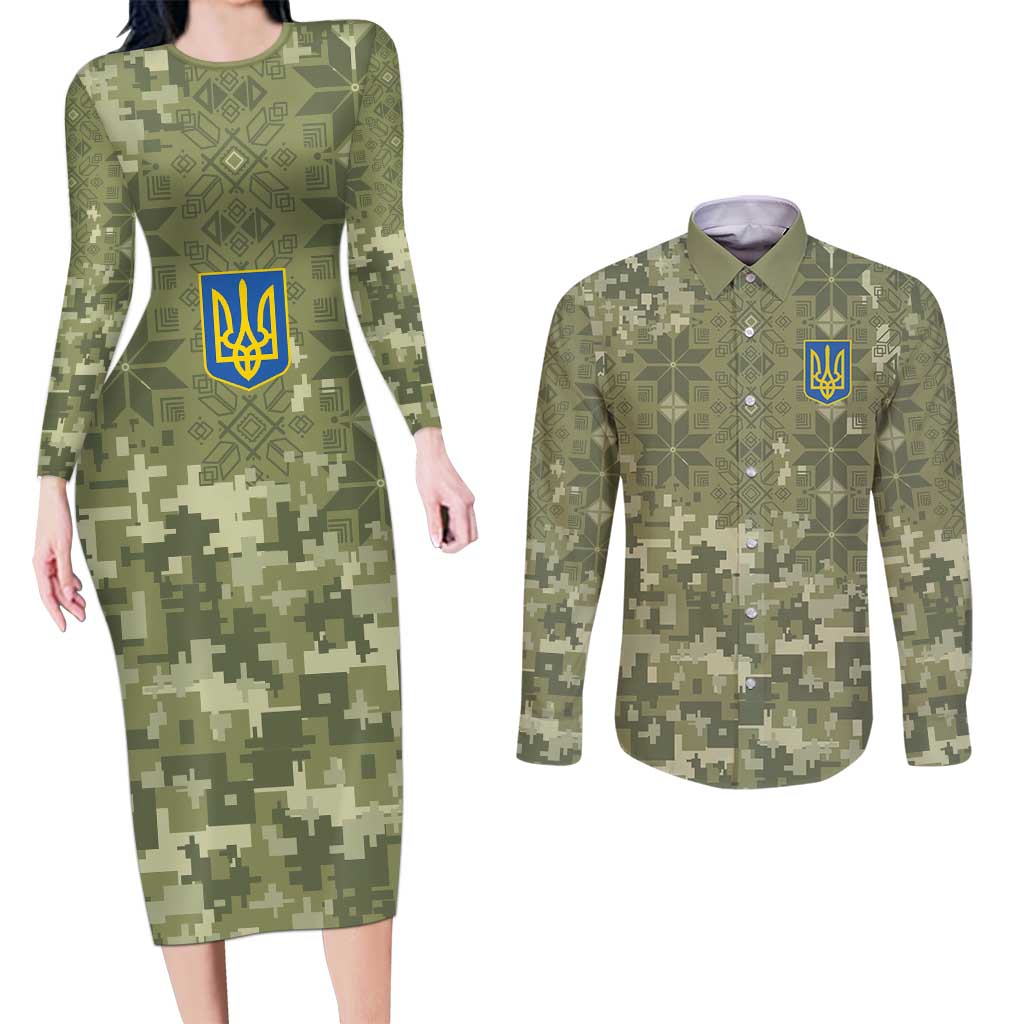 Ukraine Military Vyshyvanka Pattern Couples Matching Long Sleeve Bodycon Dress and Long Sleeve Button Shirt Tryzub Emblem Tactical Style - Wonder Print Shop