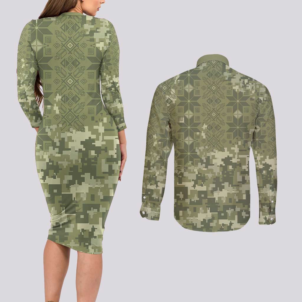 Ukraine Military Vyshyvanka Pattern Couples Matching Long Sleeve Bodycon Dress and Long Sleeve Button Shirt Tryzub Emblem Tactical Style - Wonder Print Shop