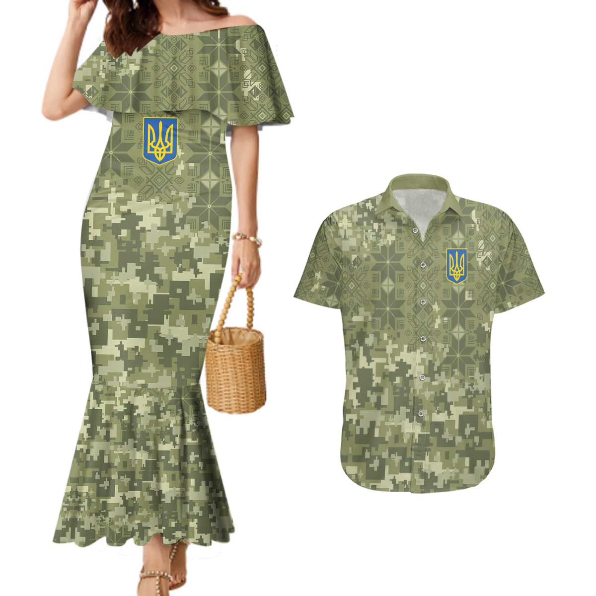 Ukraine Military Vyshyvanka Pattern Couples Matching Mermaid Dress and Hawaiian Shirt Tryzub Emblem Tactical Style - Wonder Print Shop