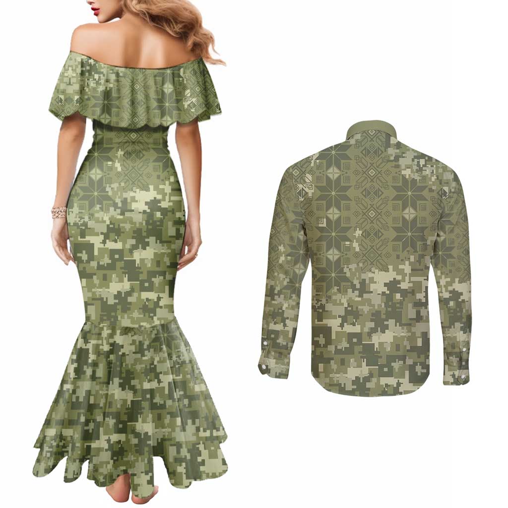 Ukraine Military Vyshyvanka Pattern Couples Matching Mermaid Dress and Long Sleeve Button Shirt Tryzub Emblem Tactical Style - Wonder Print Shop