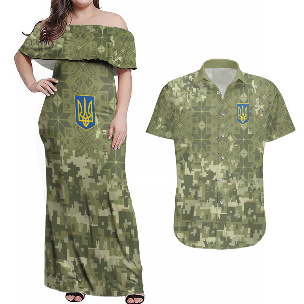 Ukraine Military Vyshyvanka Pattern Couples Matching Off Shoulder Maxi Dress and Hawaiian Shirt Tryzub Emblem Tactical Style - Wonder Print Shop