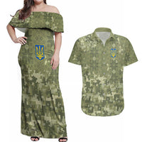 Ukraine Military Vyshyvanka Pattern Couples Matching Off Shoulder Maxi Dress and Hawaiian Shirt Tryzub Emblem Tactical Style - Wonder Print Shop