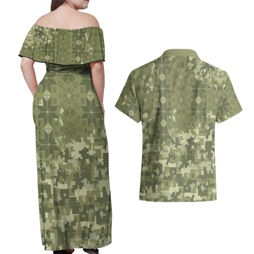 Ukraine Military Vyshyvanka Pattern Couples Matching Off Shoulder Maxi Dress and Hawaiian Shirt Tryzub Emblem Tactical Style - Wonder Print Shop