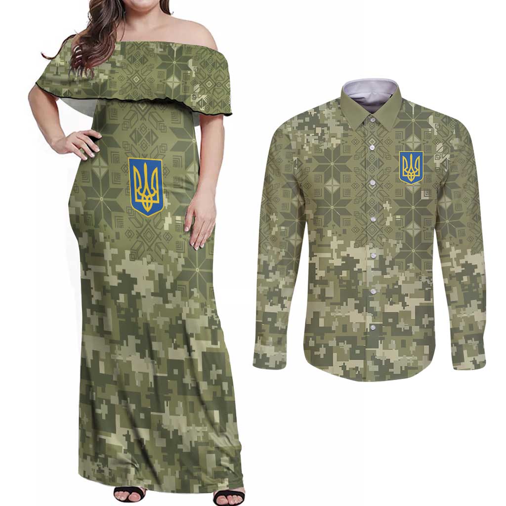 Ukraine Military Vyshyvanka Pattern Couples Matching Off Shoulder Maxi Dress and Long Sleeve Button Shirt Tryzub Emblem Tactical Style - Wonder Print Shop