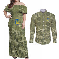 Ukraine Military Vyshyvanka Pattern Couples Matching Off Shoulder Maxi Dress and Long Sleeve Button Shirt Tryzub Emblem Tactical Style - Wonder Print Shop