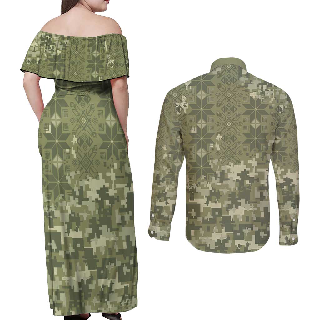 Ukraine Military Vyshyvanka Pattern Couples Matching Off Shoulder Maxi Dress and Long Sleeve Button Shirt Tryzub Emblem Tactical Style - Wonder Print Shop