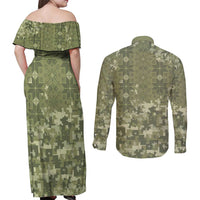 Ukraine Military Vyshyvanka Pattern Couples Matching Off Shoulder Maxi Dress and Long Sleeve Button Shirt Tryzub Emblem Tactical Style - Wonder Print Shop