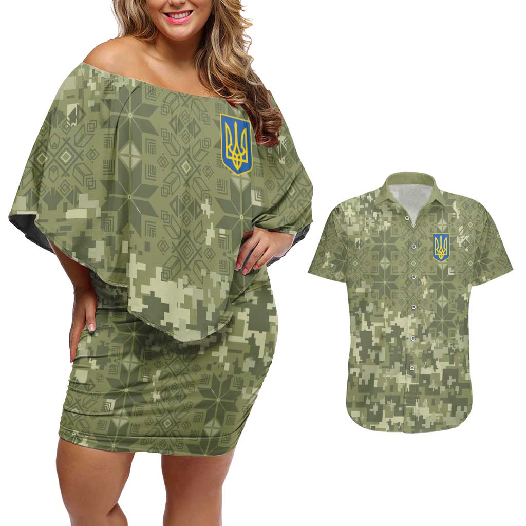 Ukraine Military Vyshyvanka Pattern Couples Matching Off Shoulder Short Dress and Hawaiian Shirt Tryzub Emblem Tactical Style - Wonder Print Shop