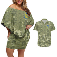 Ukraine Military Vyshyvanka Pattern Couples Matching Off Shoulder Short Dress and Hawaiian Shirt Tryzub Emblem Tactical Style - Wonder Print Shop