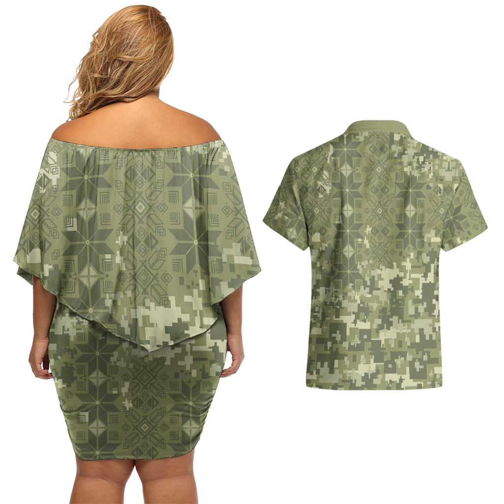 Ukraine Military Vyshyvanka Pattern Couples Matching Off Shoulder Short Dress and Hawaiian Shirt Tryzub Emblem Tactical Style - Wonder Print Shop