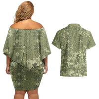 Ukraine Military Vyshyvanka Pattern Couples Matching Off Shoulder Short Dress and Hawaiian Shirt Tryzub Emblem Tactical Style - Wonder Print Shop