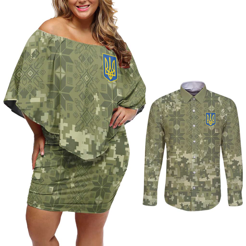 Ukraine Military Vyshyvanka Pattern Couples Matching Off Shoulder Short Dress and Long Sleeve Button Shirt Tryzub Emblem Tactical Style - Wonder Print Shop