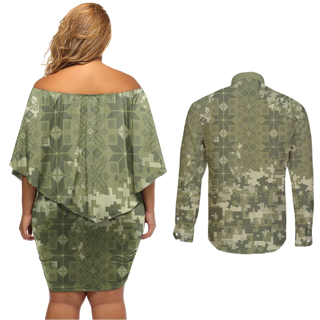 Ukraine Military Vyshyvanka Pattern Couples Matching Off Shoulder Short Dress and Long Sleeve Button Shirt Tryzub Emblem Tactical Style - Wonder Print Shop