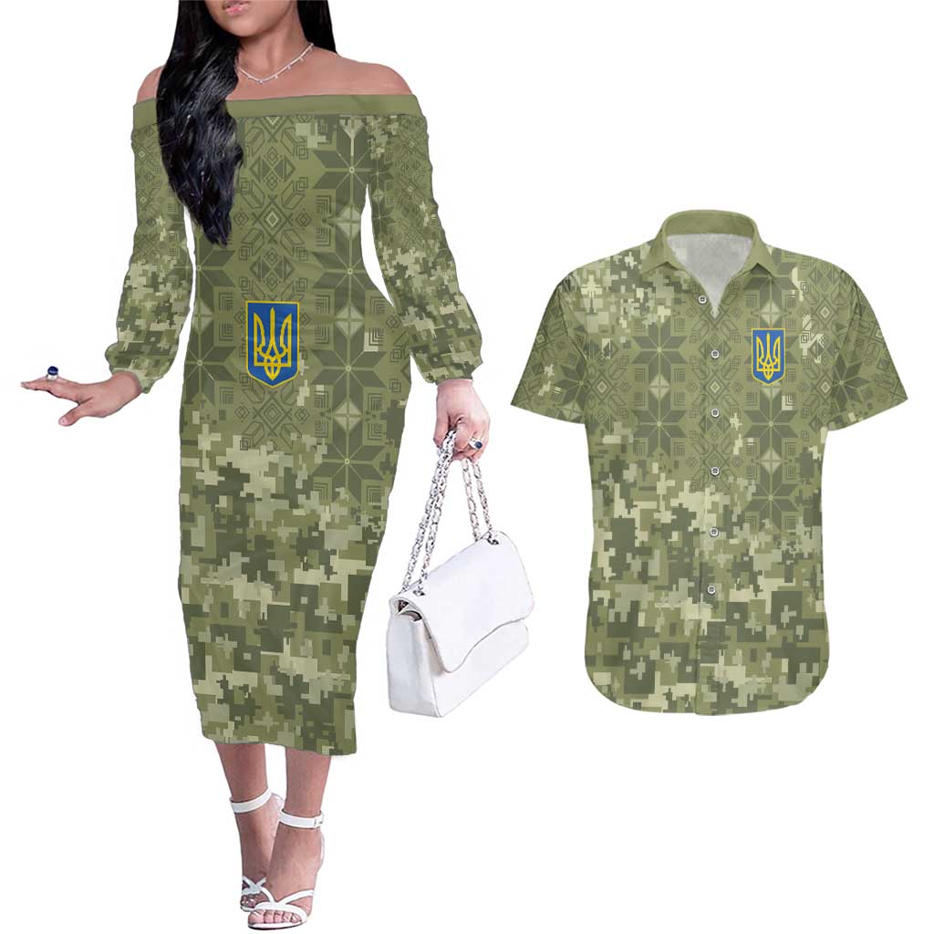 Ukraine Military Vyshyvanka Pattern Couples Matching Off The Shoulder Long Sleeve Dress and Hawaiian Shirt Tryzub Emblem Tactical Style - Wonder Print Shop