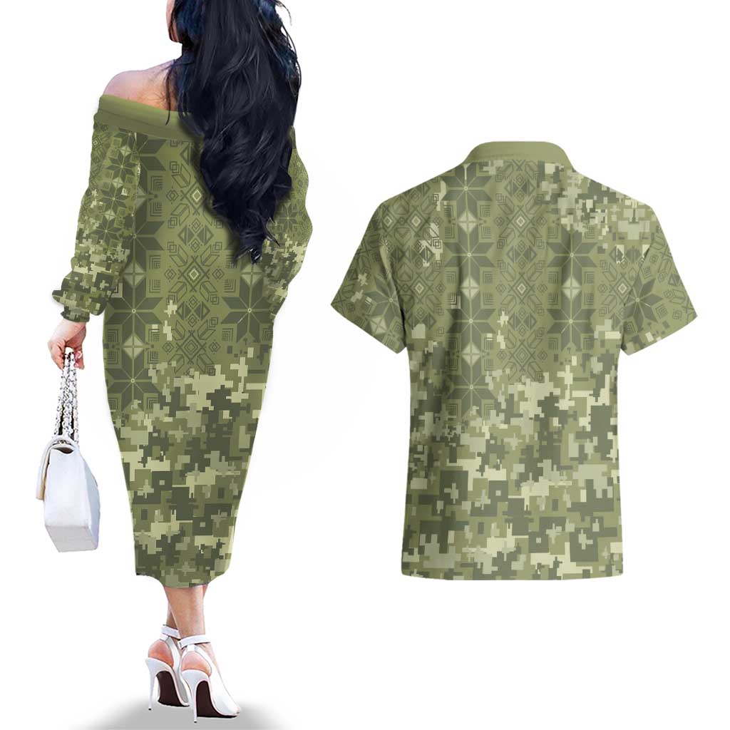 Ukraine Military Vyshyvanka Pattern Couples Matching Off The Shoulder Long Sleeve Dress and Hawaiian Shirt Tryzub Emblem Tactical Style - Wonder Print Shop