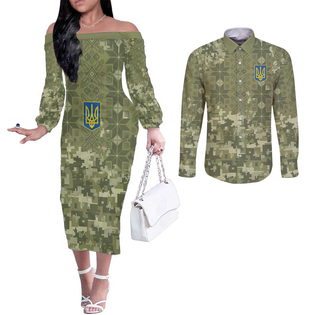 Ukraine Military Vyshyvanka Pattern Couples Matching Off The Shoulder Long Sleeve Dress and Long Sleeve Button Shirt Tryzub Emblem Tactical Style - Wonder Print Shop