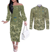 Ukraine Military Vyshyvanka Pattern Couples Matching Off The Shoulder Long Sleeve Dress and Long Sleeve Button Shirt Tryzub Emblem Tactical Style - Wonder Print Shop