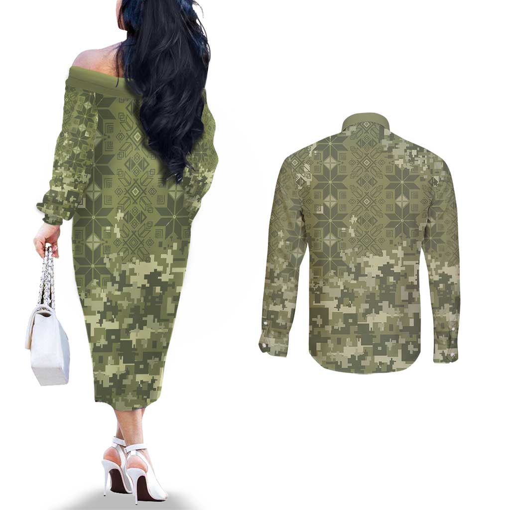 Ukraine Military Vyshyvanka Pattern Couples Matching Off The Shoulder Long Sleeve Dress and Long Sleeve Button Shirt Tryzub Emblem Tactical Style - Wonder Print Shop