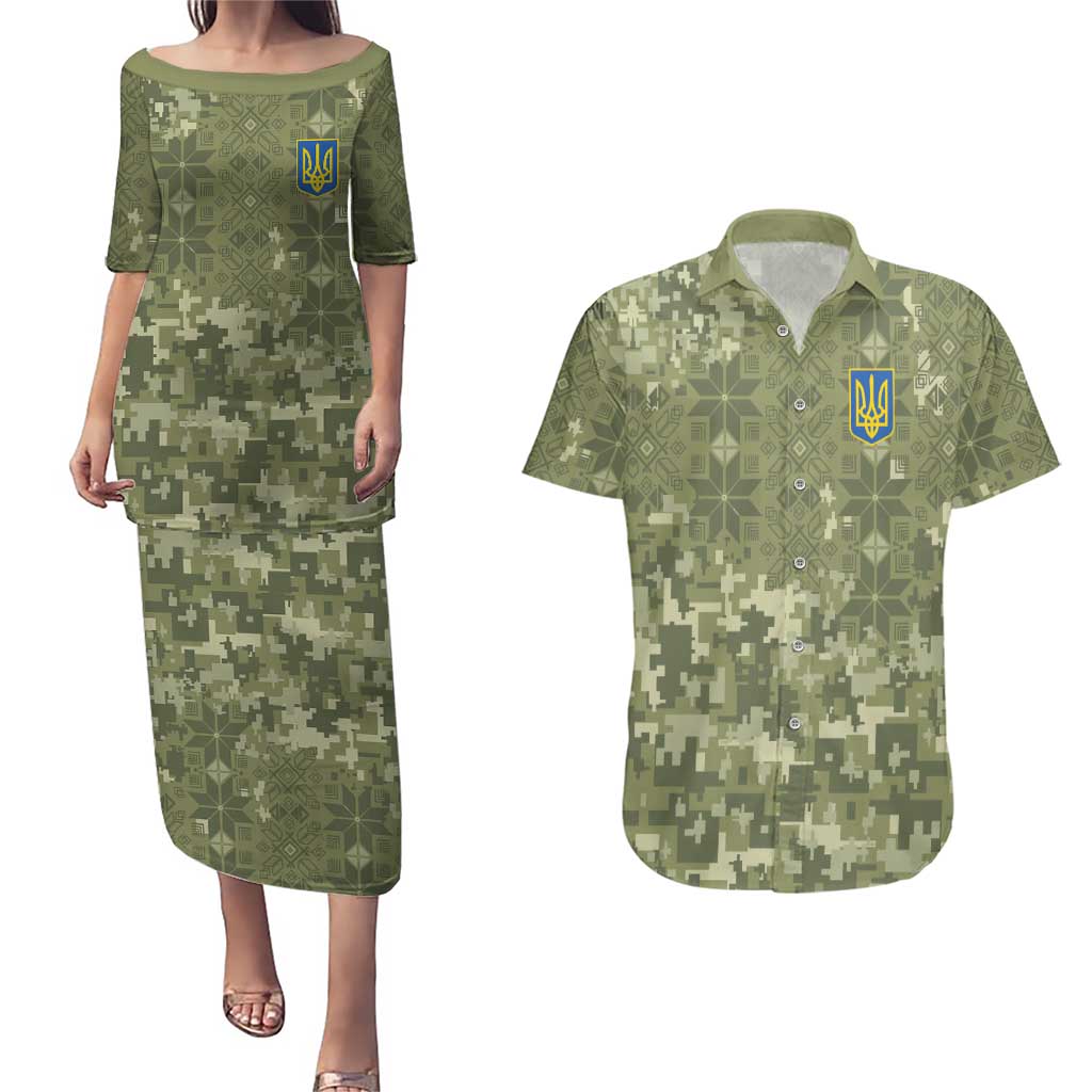Ukraine Military Vyshyvanka Pattern Couples Matching Puletasi and Hawaiian Shirt Tryzub Emblem Tactical Style - Wonder Print Shop