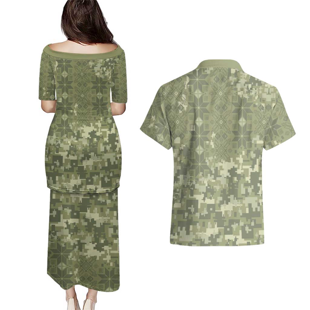 Ukraine Military Vyshyvanka Pattern Couples Matching Puletasi and Hawaiian Shirt Tryzub Emblem Tactical Style - Wonder Print Shop