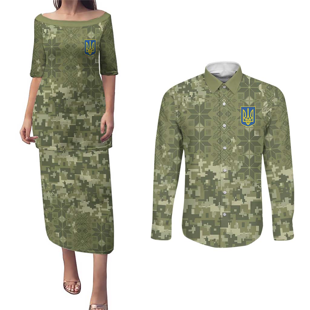 Ukraine Military Vyshyvanka Pattern Couples Matching Puletasi and Long Sleeve Button Shirt Tryzub Emblem Tactical Style - Wonder Print Shop