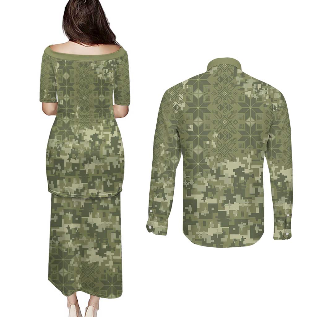 Ukraine Military Vyshyvanka Pattern Couples Matching Puletasi and Long Sleeve Button Shirt Tryzub Emblem Tactical Style - Wonder Print Shop