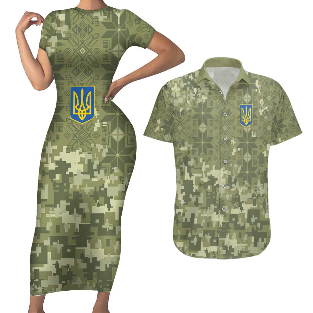 Ukraine Military Vyshyvanka Pattern Couples Matching Short Sleeve Bodycon Dress and Hawaiian Shirt Tryzub Emblem Tactical Style - Wonder Print Shop