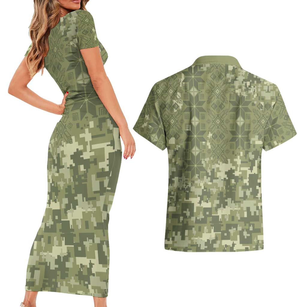Ukraine Military Vyshyvanka Pattern Couples Matching Short Sleeve Bodycon Dress and Hawaiian Shirt Tryzub Emblem Tactical Style - Wonder Print Shop