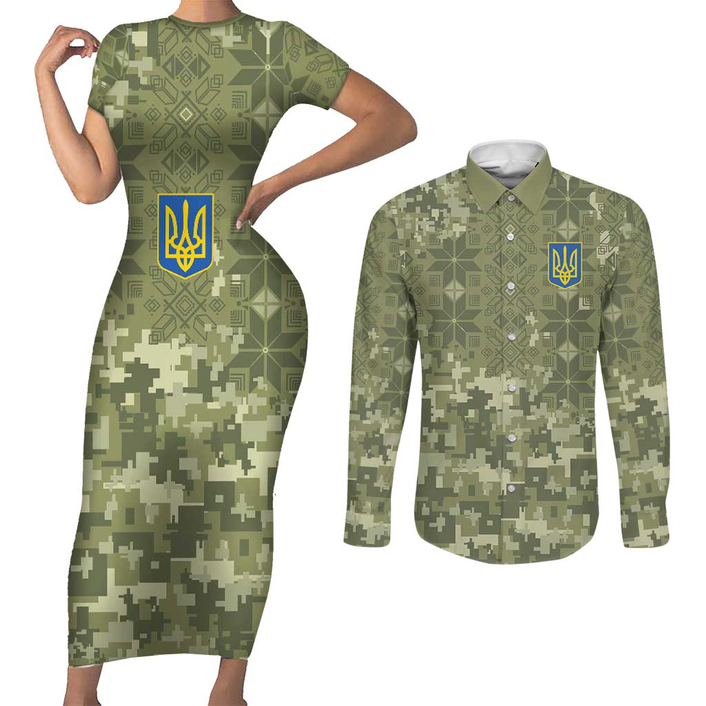 Ukraine Military Vyshyvanka Pattern Couples Matching Short Sleeve Bodycon Dress and Long Sleeve Button Shirt Tryzub Emblem Tactical Style - Wonder Print Shop