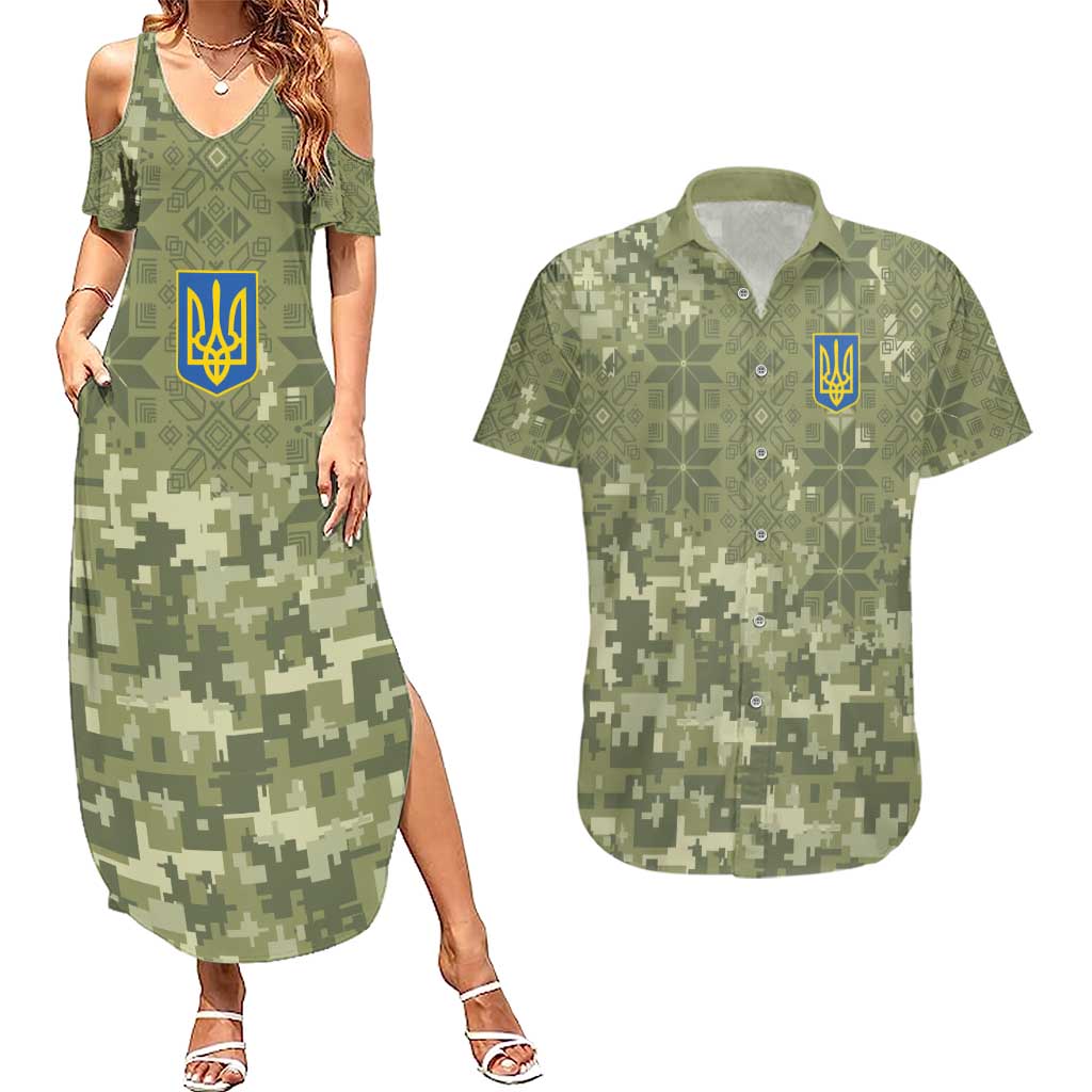 Ukraine Military Vyshyvanka Pattern Couples Matching Summer Maxi Dress and Hawaiian Shirt Tryzub Emblem Tactical Style - Wonder Print Shop