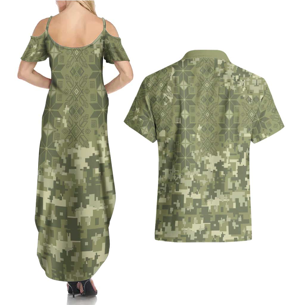 Ukraine Military Vyshyvanka Pattern Couples Matching Summer Maxi Dress and Hawaiian Shirt Tryzub Emblem Tactical Style - Wonder Print Shop