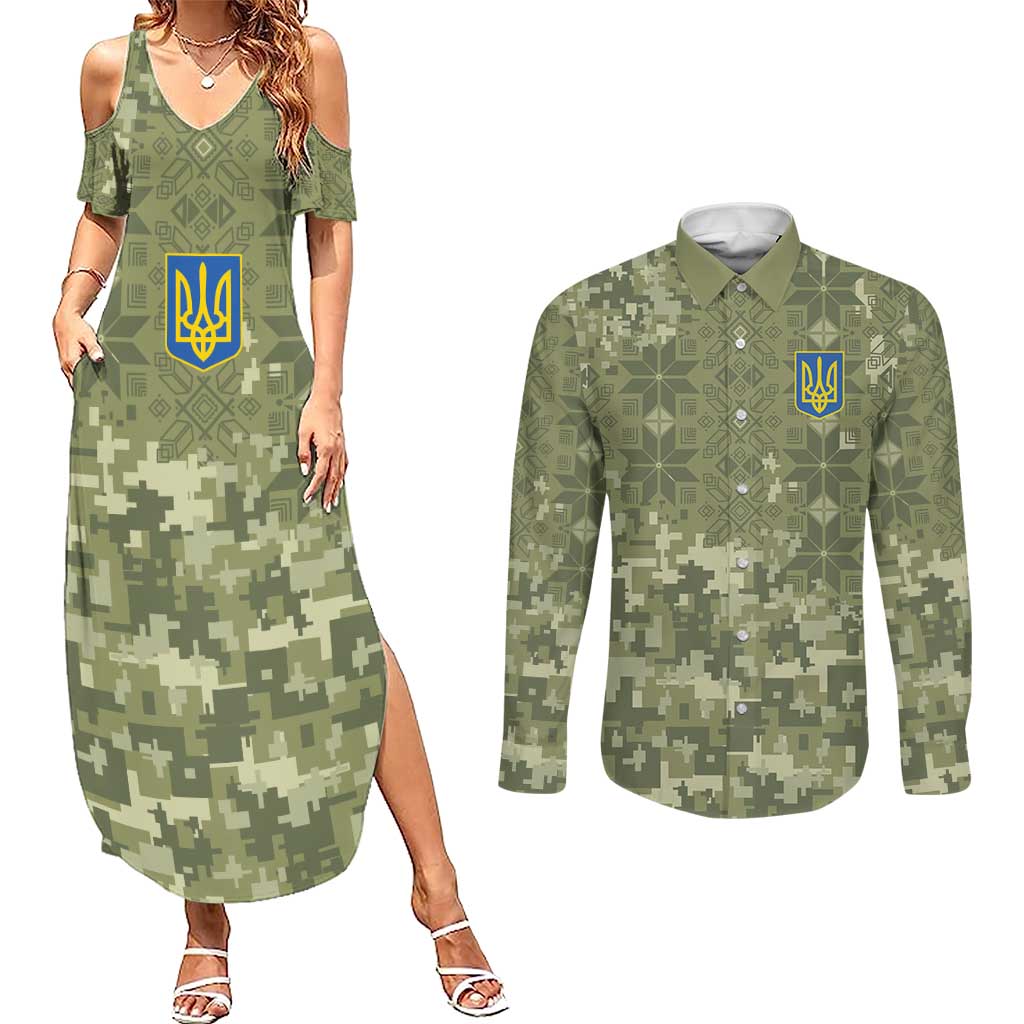 Ukraine Military Vyshyvanka Pattern Couples Matching Summer Maxi Dress and Long Sleeve Button Shirt Tryzub Emblem Tactical Style - Wonder Print Shop