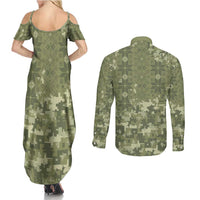 Ukraine Military Vyshyvanka Pattern Couples Matching Summer Maxi Dress and Long Sleeve Button Shirt Tryzub Emblem Tactical Style - Wonder Print Shop