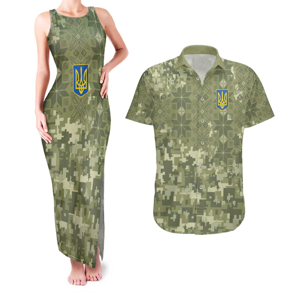 Ukraine Military Vyshyvanka Pattern Couples Matching Tank Maxi Dress and Hawaiian Shirt Tryzub Emblem Tactical Style - Wonder Print Shop