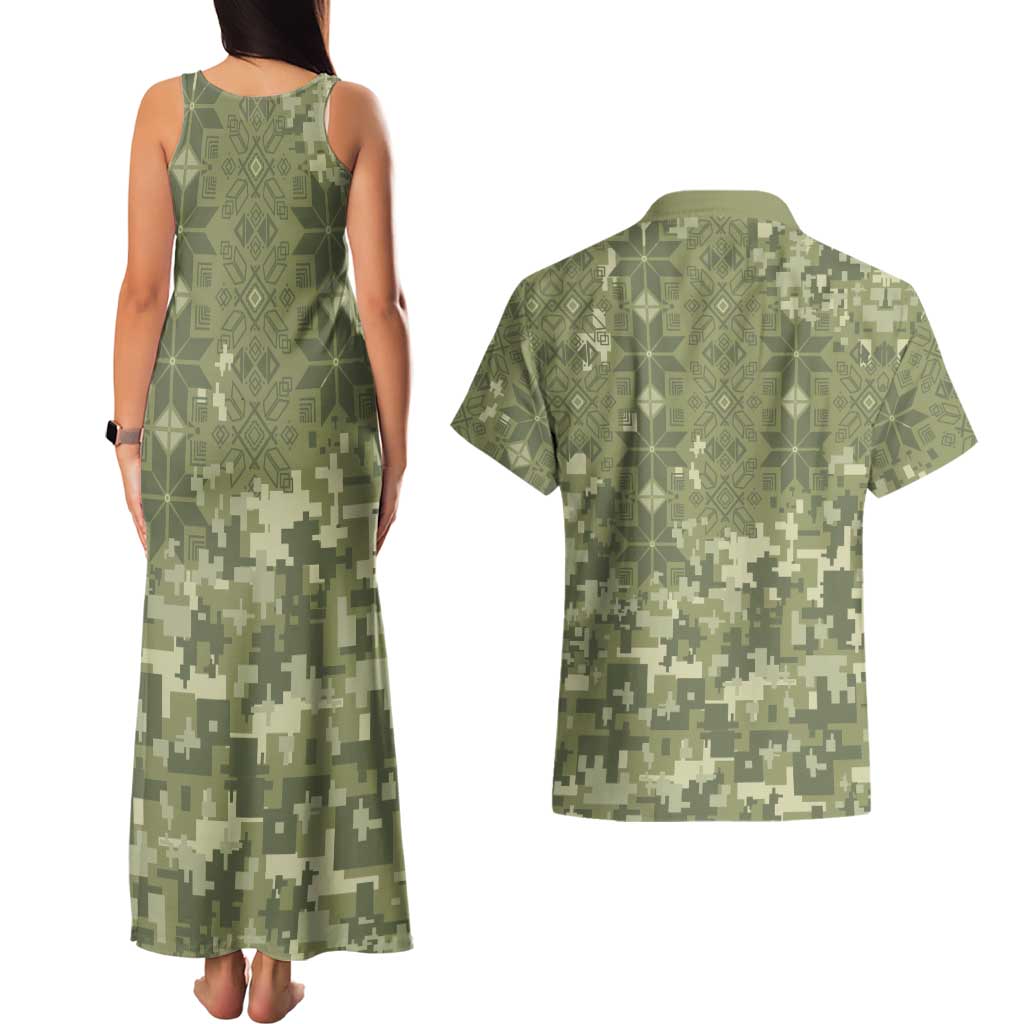 Ukraine Military Vyshyvanka Pattern Couples Matching Tank Maxi Dress and Hawaiian Shirt Tryzub Emblem Tactical Style - Wonder Print Shop