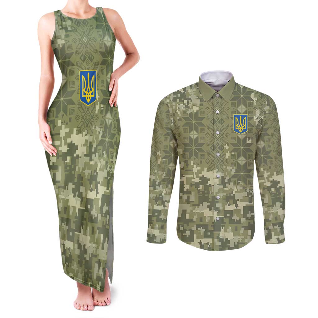 Ukraine Military Vyshyvanka Pattern Couples Matching Tank Maxi Dress and Long Sleeve Button Shirt Tryzub Emblem Tactical Style - Wonder Print Shop