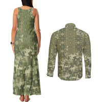 Ukraine Military Vyshyvanka Pattern Couples Matching Tank Maxi Dress and Long Sleeve Button Shirt Tryzub Emblem Tactical Style - Wonder Print Shop