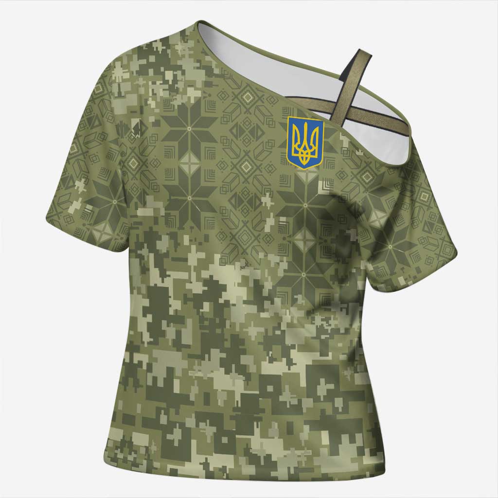 Ukraine Military Vyshyvanka Pattern Cross Shoulder Shirt Tryzub Emblem Tactical Style - Wonder Print Shop