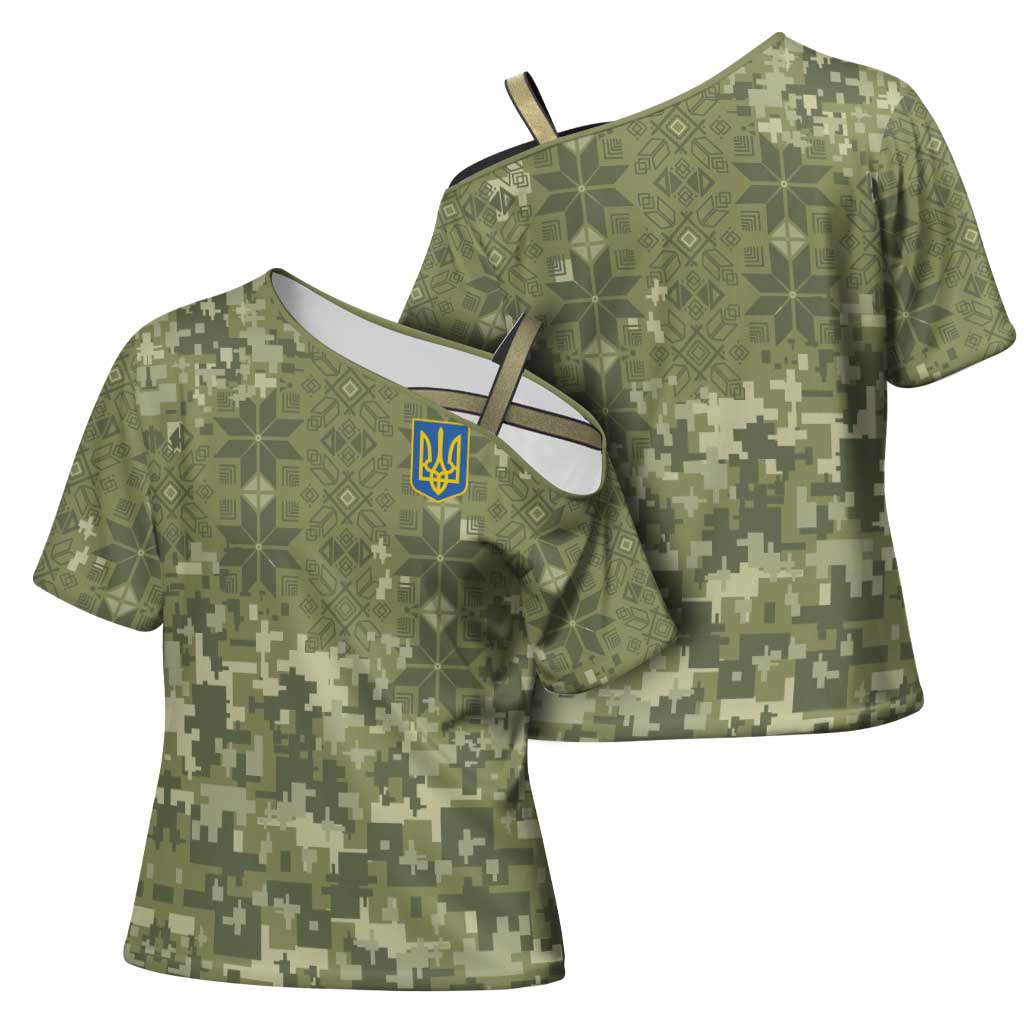Ukraine Military Vyshyvanka Pattern Cross Shoulder Shirt Tryzub Emblem Tactical Style - Wonder Print Shop