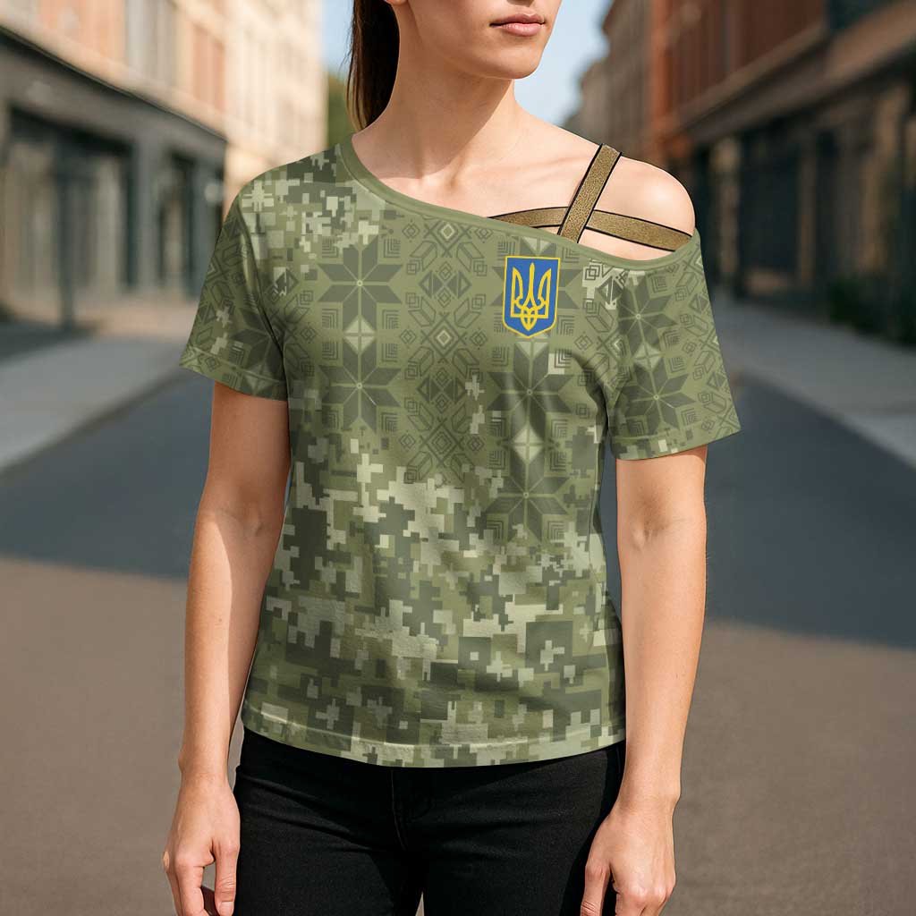 Ukraine Military Vyshyvanka Pattern Cross Shoulder Shirt Tryzub Emblem Tactical Style - Wonder Print Shop
