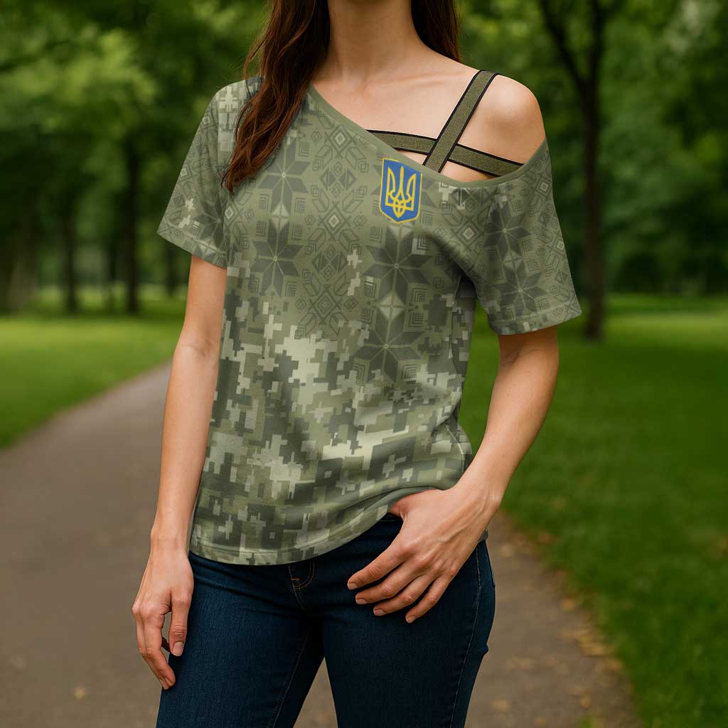 Ukraine Military Vyshyvanka Pattern Cross Shoulder Shirt Tryzub Emblem Tactical Style - Wonder Print Shop