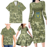 Ukraine Military Vyshyvanka Pattern Family Matching Long Sleeve Bodycon Dress and Hawaiian Shirt Tryzub Emblem Tactical Style