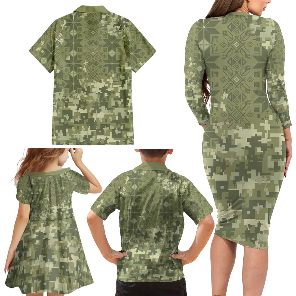 Ukraine Military Vyshyvanka Pattern Family Matching Long Sleeve Bodycon Dress and Hawaiian Shirt Tryzub Emblem Tactical Style