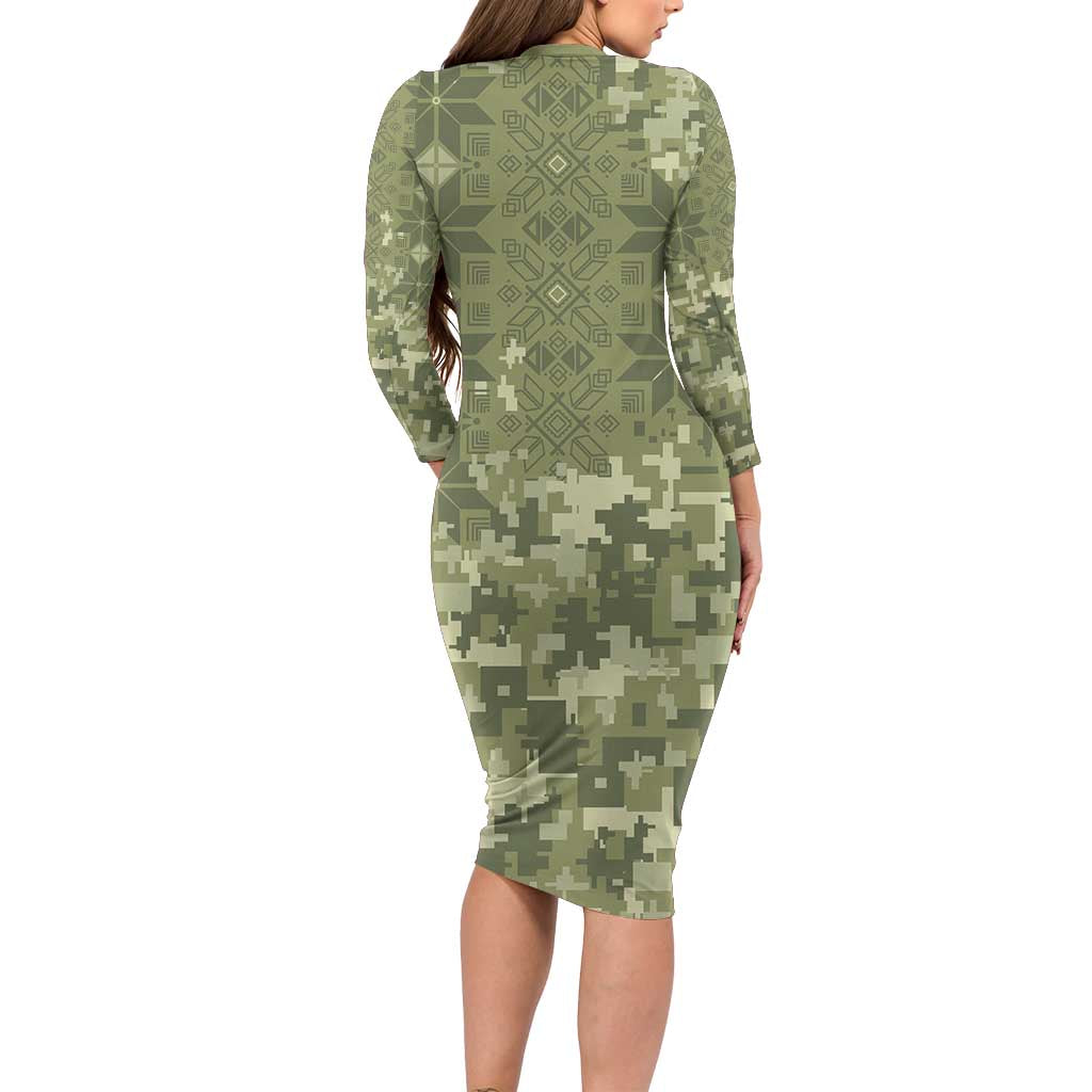 Ukraine Military Vyshyvanka Pattern Family Matching Long Sleeve Bodycon Dress and Hawaiian Shirt Tryzub Emblem Tactical Style