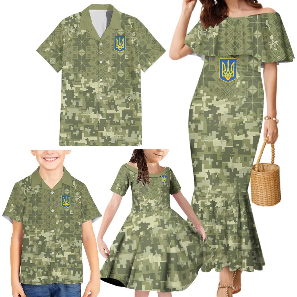 Ukraine Military Vyshyvanka Pattern Family Matching Mermaid Dress and Hawaiian Shirt Tryzub Emblem Tactical Style